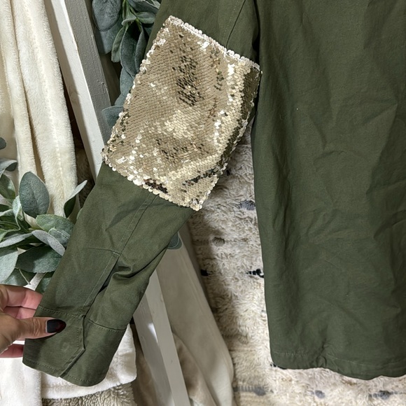 Sam Edelman green with gold sequin elbow anorak jacket size S - Picture 7 of 11